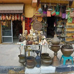 Street scene with shops selling tourist souvenirs in Cairo, Egypt
