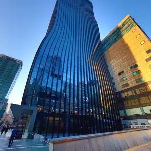 Tall modern buildings and office blocks at dusk in the Gangnam district, Seoul, Korea