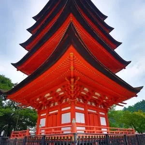 The five tiered Pagoda at Itsukushima Shinto Shrine on Miyajima Island, Hiroshima, Japan