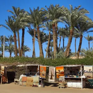 Tourist souvenirs on sale at stalls at the Memphis Museum, Cairo, Egypt