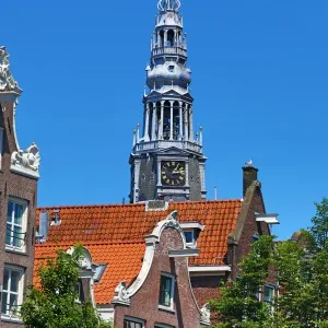 Tower of the Oude Kerk, old church, in Amsterdam, Holland
