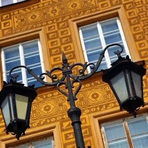 Town house with decorated walls in Castle Square in Warsaw, Poland