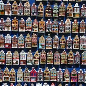 Traditional Dutch houses fridge magnets on sale in the flower market in Amsterdam