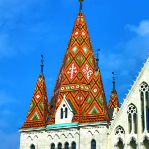 Traditional tiled roof of the Matthias Church in Budapest, Hungary