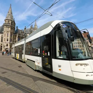 Tram in the Gent Korenmarkt, Ghent, Belgium