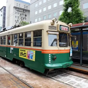 Tram at a station in Hiroshima, Japan