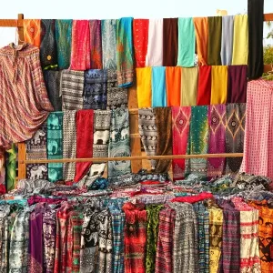 Trouser and clothing stall at Pyathadar Hpaya Temple Pagoda on the Plain of Bagan