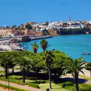 View across the Bou Regreg River towards the Kasbah of the Udayas in Rabat, Morocco