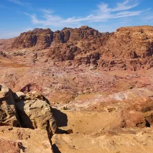 View of sandstone rock formations overlooking the valley of the rock city of Petra