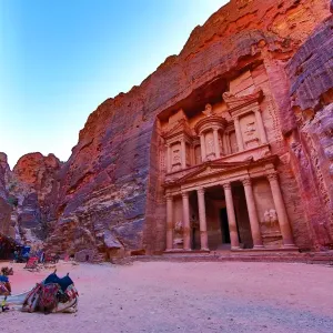 View of the Treasury, Al-Khazneh, with camels, Petra, Jordan