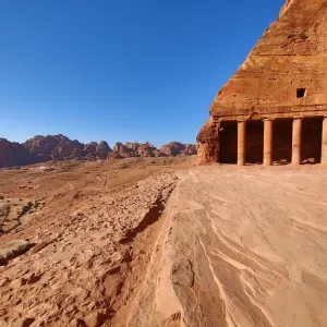 View from the Urn Tomb of the Royal Tombs in the rock city of Petra, Jordan