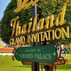 Welcome sign at the Wat Phra Kaew Royal Palace complex in Bangkok, Thailand Welcome sign at the Wat Phra Kaew Royal Palace complex in Bangkok, Thailand