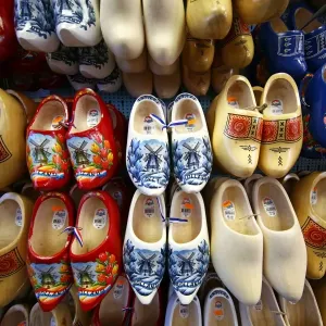 Wooden clogs on sale in the flower market in Amsterdam, Holland