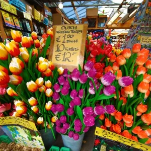 Wooden Tulip flowers on sale in the flower market in Amsterdam, Holland