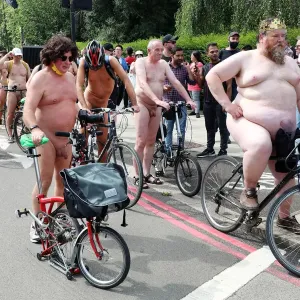 Cyclists gather in Hyde Park before the World Naked Bike Ride