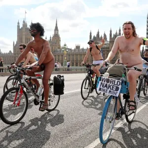 Cyclists ride naked across Westminster Bridge