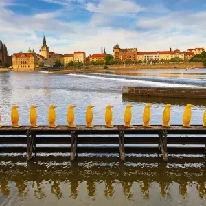 Yellow penguins art installation by the Cracking Art Group beside the Kampa Museum and Vtlava River
