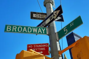 States: 5th Avenue and Broadway junction street signs, New York, America