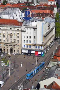Square: Aerial view of Ban Jelacic Square with a tram in Zagreb, Croatia