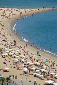 Beaches: Aerial view of crowds on the crowded beach, Barcelona, Spain
