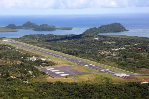 Aerial view of Koror Airport, Koror Island, Republic of Palau, Micronesia, Pacific Ocean