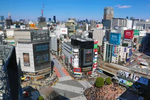 Architecture: Aerial view of the Shibuya pedestrian crossing in Shibuya, Tokyo, Japan