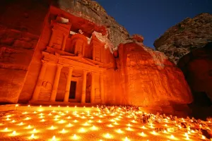 Heritage: Al-Khazneh, the Treasury, by night with candles, Petra, Jordan