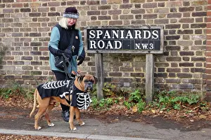 Prints of Claude the Boxer dressed in his skeleton Halloween costume at the All Dogs Matter Howloween Dog Walk at the Spaniard's Inn on Hampstead Heath, London ADM Howloween Dog Walk Images: All Dogs Matter Howloween Dog Walk, Hampstead Heath, London
