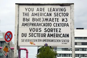 Memorial: American sector sign at the Checkpoint Charlie border crossing in Berlin, Germany