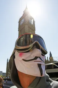 Demonstration: Anonymous at UK Uncut Street Party