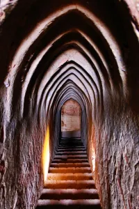 Burma: Arched stairway and passage at Thisa Wadi Pagoda Temple on the Plain of Bagan, Bagan