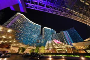 Scenes: Aria Resort Hotel and Casino at night, Las Vegas, Nevada, America