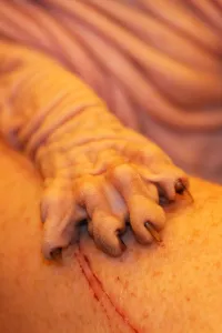 Cats: Artemis aka Wrynkleskyns Mementi Mori the hairless Sphynx Cat at the London Pet Show 2013