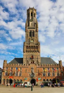 Architecture: The Belfry Tower and the Cloth Hall in the Market Square, Bruges, Belgium