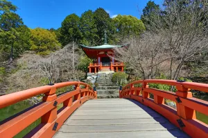 Hall: Bentendo Hall at Daigoji Buddhist Temple with cherry blossom in Kyoto, Japan