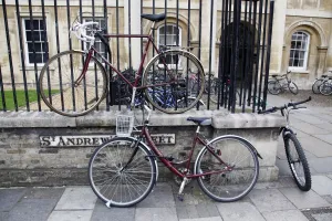 Bicycle: Bicycles attached to railings in Cambridge