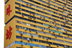 Block: Block of flats with Chinese writing on the housing in Chinatown in Singapore