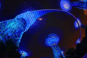 Illuminations: Blue lights of the futuristic Supertrees in the Supertree Grove at the Gardens by the Bay in Singapore