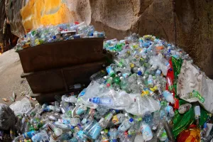 Religious: Empty bottles and rubbish for recycling inside the Batu Caves