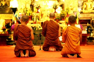 Monk: Buddhist monks praying at Wat Chedi Luang in Chiang Mai, Thailand