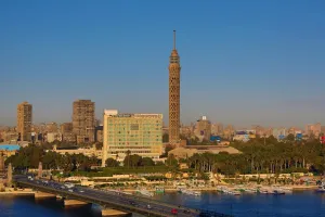 Egypt: The Cairo Tower on Gezira Island and the River Nile in Cairo, Egypt