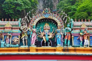 Religious: Carved figures on the entrance to the Batu Caves, a Hindu shrine in Kuala Lumpur, Malaysia