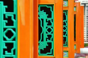Religious: Carved window shutters on the Thean Hou Chinese Temple, Kuala Lumpur, Malaysia