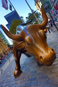 States: Charging Bull statue on Wall Street and Bowling Green, New York. America