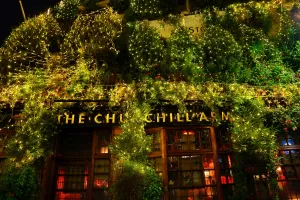 Tree: Churchill Arms Pub covered in Christmas Trees in Kensington, London