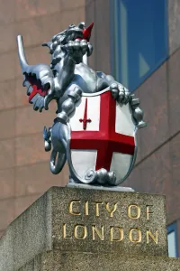 Dragons: City of London boundary mark Dragon statue on London Bridge, London, England
