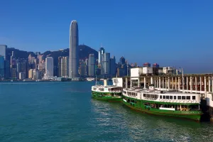 Tall: The city skyline of the Central area of Hong Kong and the Star Ferry in Hong Kong, China