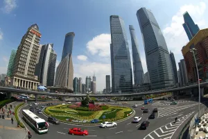 Modern: City skyline of skyscrapers in Lujiazui in Pudong, Shanghai, China