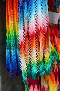 Hiroshima, Japan: Colourful paper cranes in the Hiroshima Peace Memorial Park