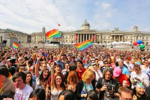Gras: Crowds in Trafalgar Square at Pride London gay pride parade 2013, London, England